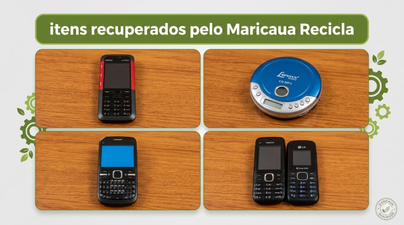Celulares antigos recuperados e prontos para reuso pelo projeto Maricaua Recicla